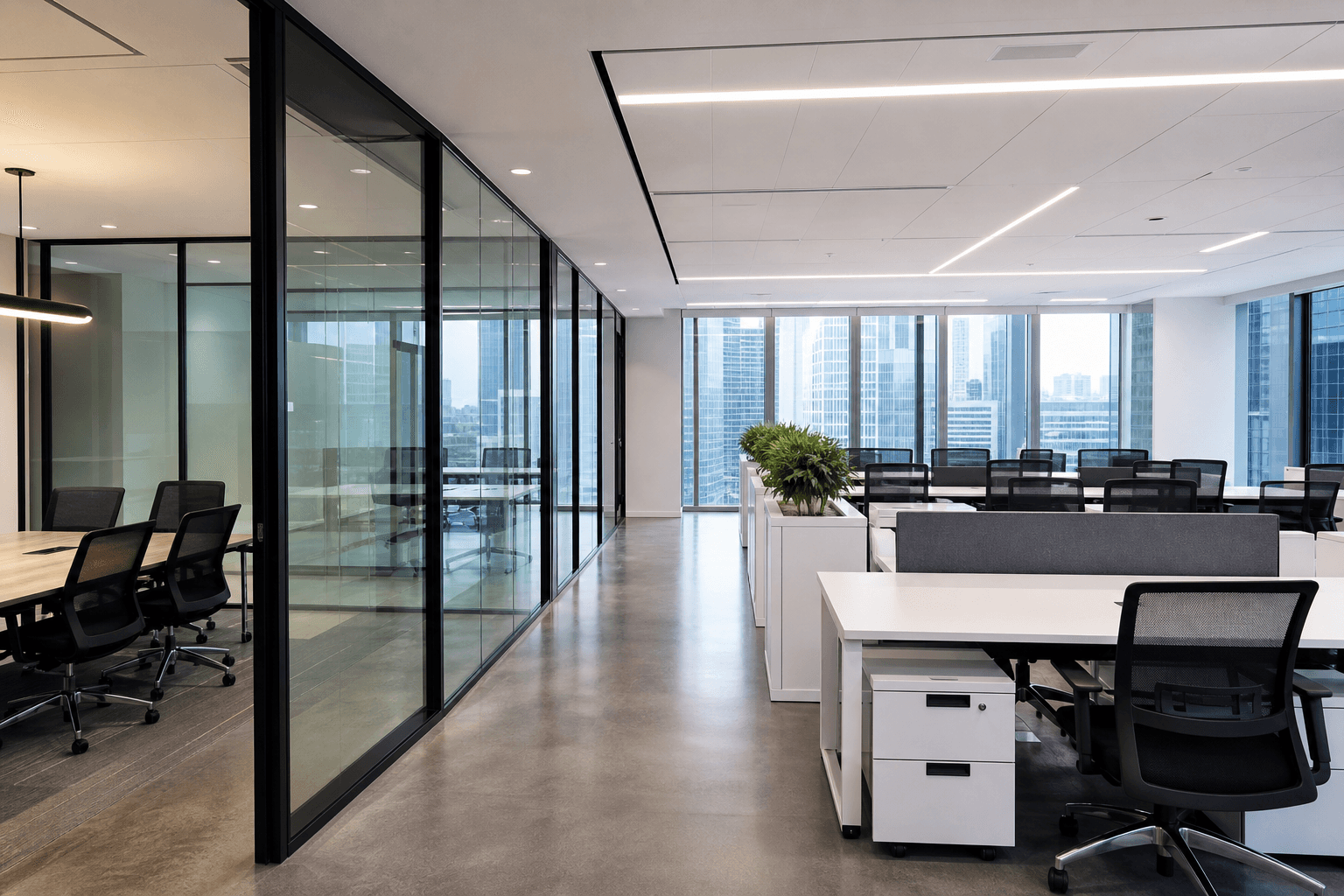 Modern Singapore office with floor-to-ceiling acoustic glass meeting rooms and open-plan workstations