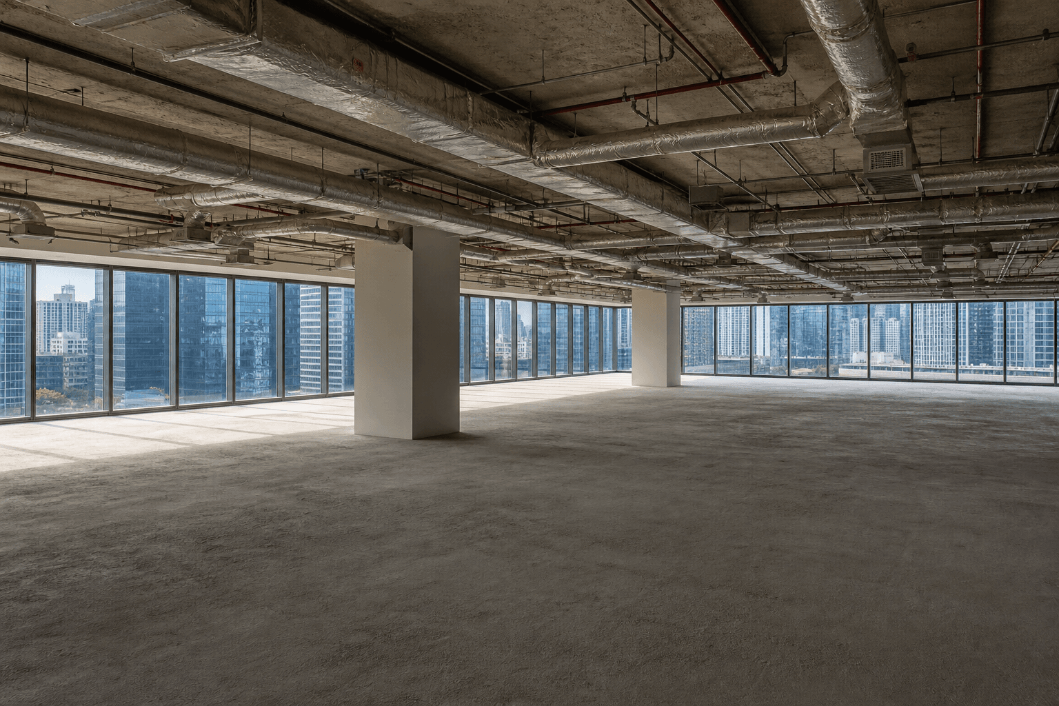 Empty bare shell office unit in Singapore with concrete floor, exposed ceiling, and CBD skyline windows