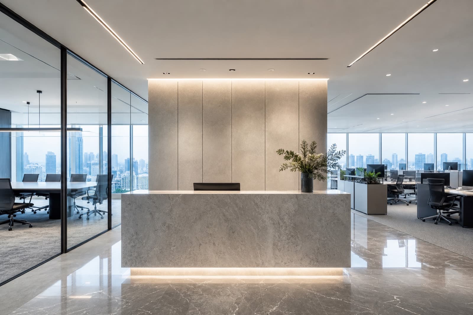 Premium CBD Singapore office renovation with glass partitions, refined reception, and skyline views