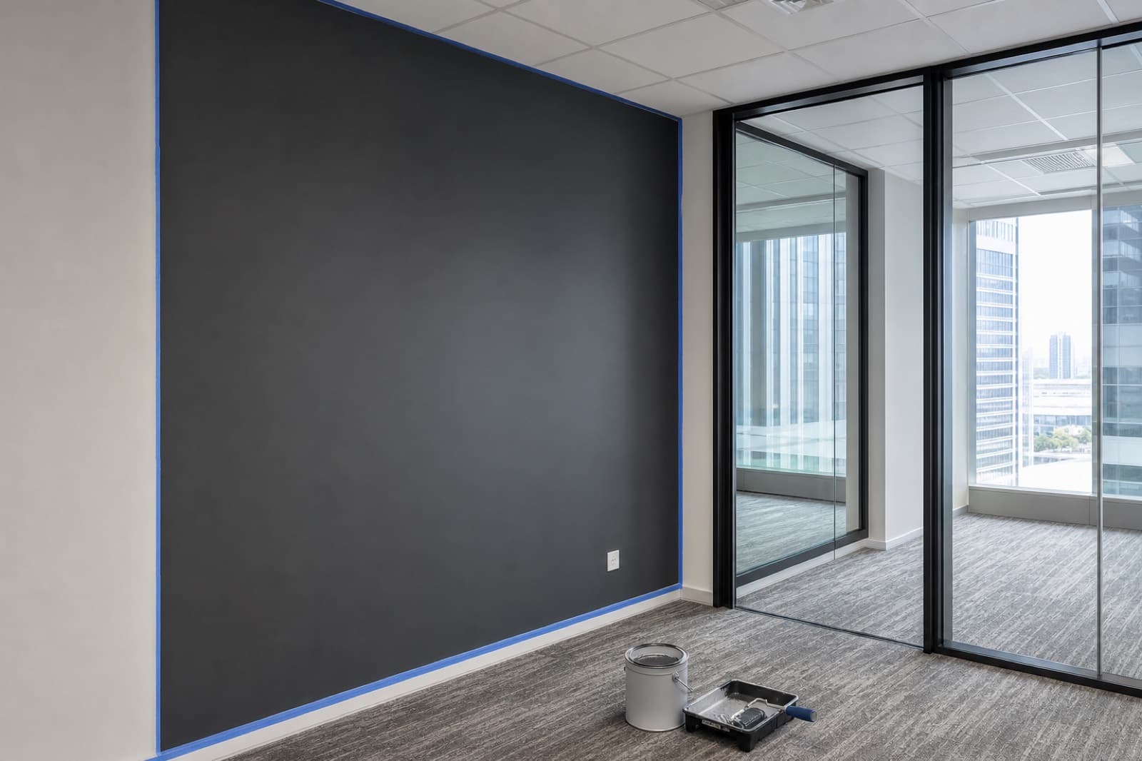 Fresh commercial office painting in Singapore with a charcoal feature wall beside glass partitions
