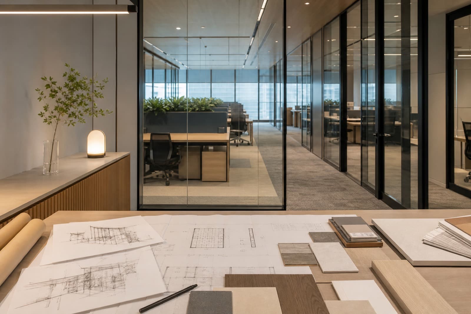 Design and build Singapore office renovation with material boards and finished glass-partition workspace beyond