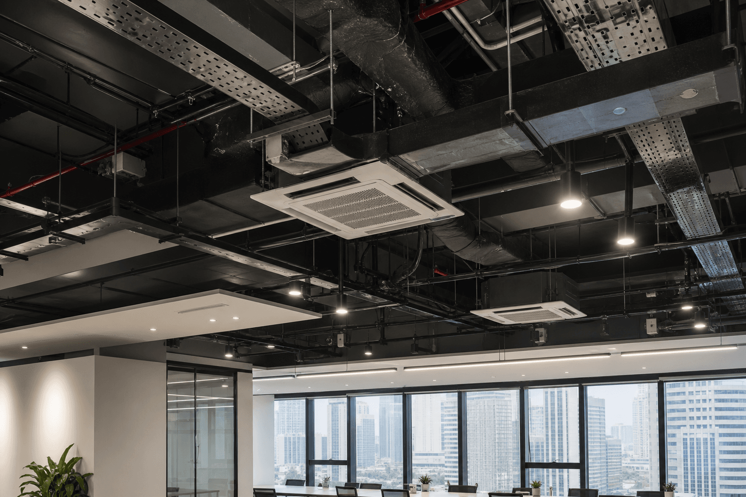 Singapore commercial office ceiling with aircon ducts, cable trays, and LED lighting during fit-out