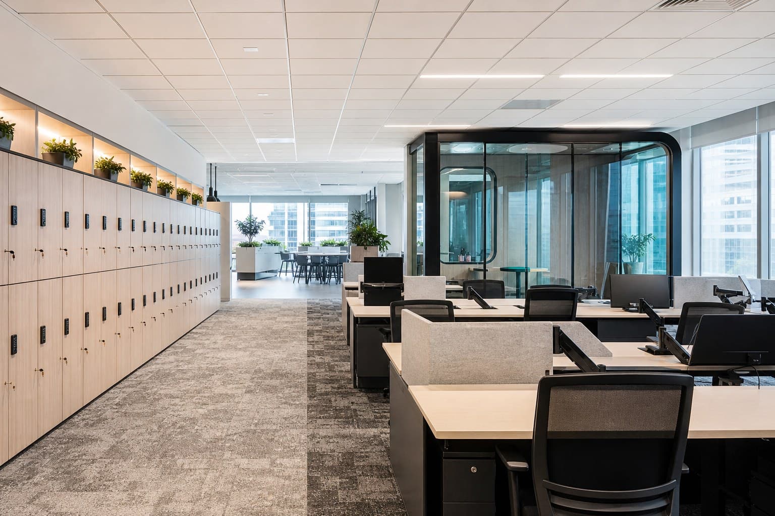 Hybrid Singapore office with flexible desk neighbourhoods, lockers, and glass focus booths
