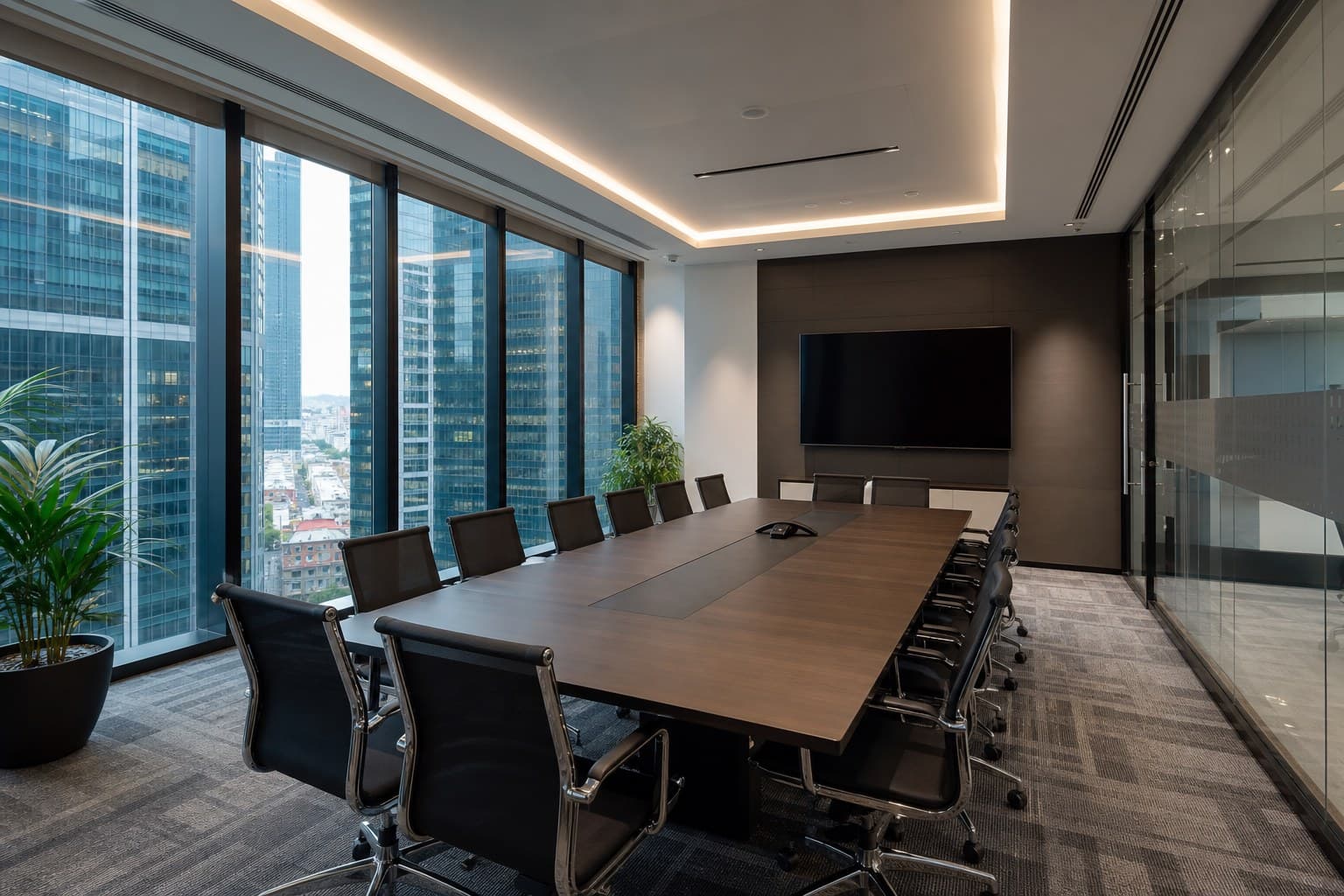 Singapore glass boardroom with conference table, display screen, and CBD skyline views