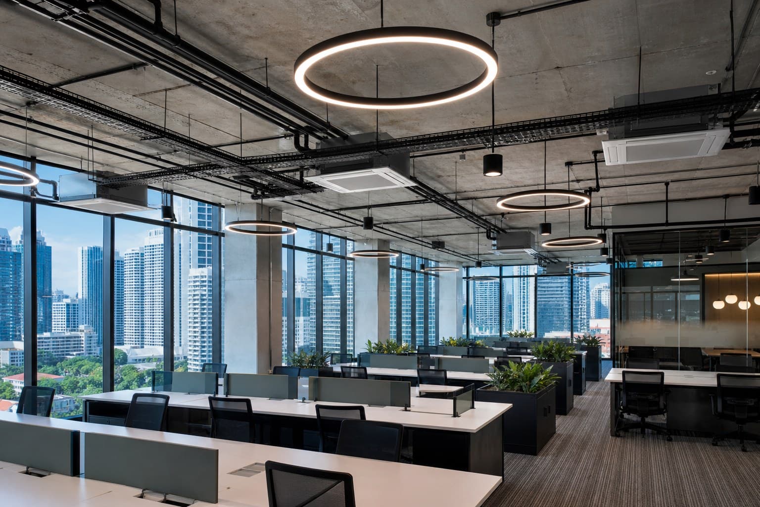 Singapore CBD office with exposed ceiling, cable trays, and circular LED lighting over open-plan desks