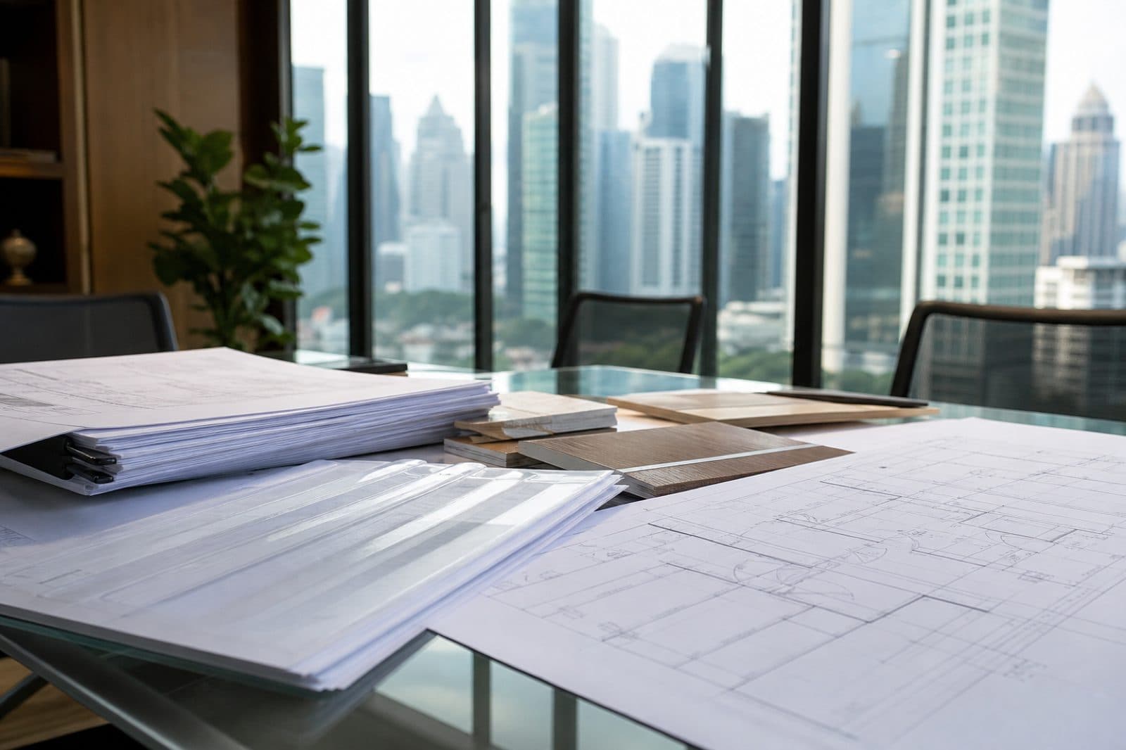 Office fit-out drawings and landlord submission documents on a glass conference table in Singapore