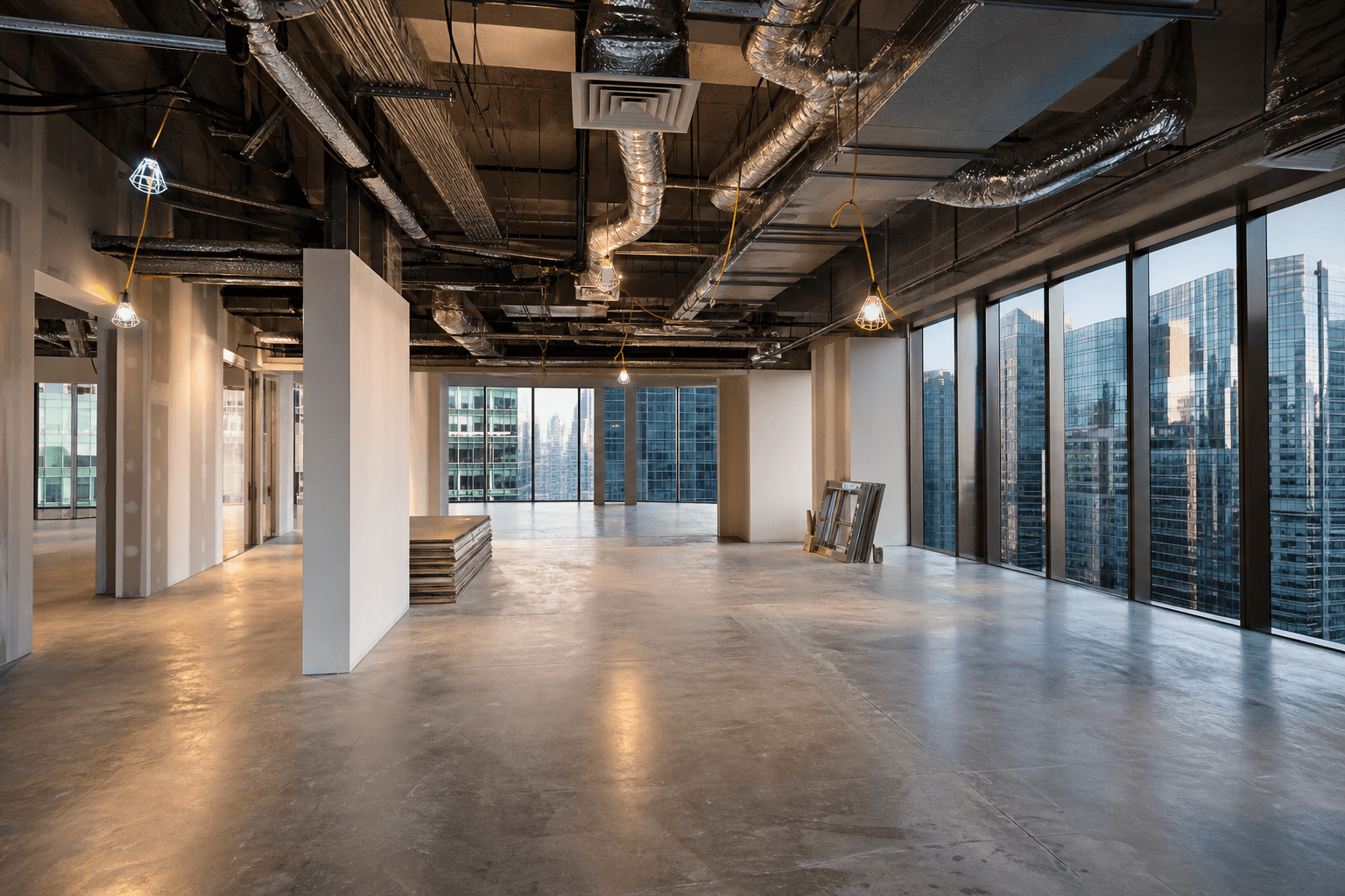 Singapore CBD office mid fit-out with partitions, exposed ceiling services, and city skyline views