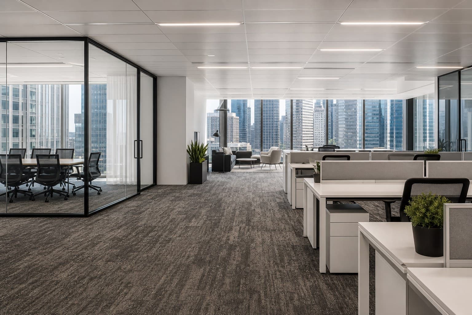 Singapore open-plan office with modular carpet tiles, workstations, and acoustic glass meeting rooms