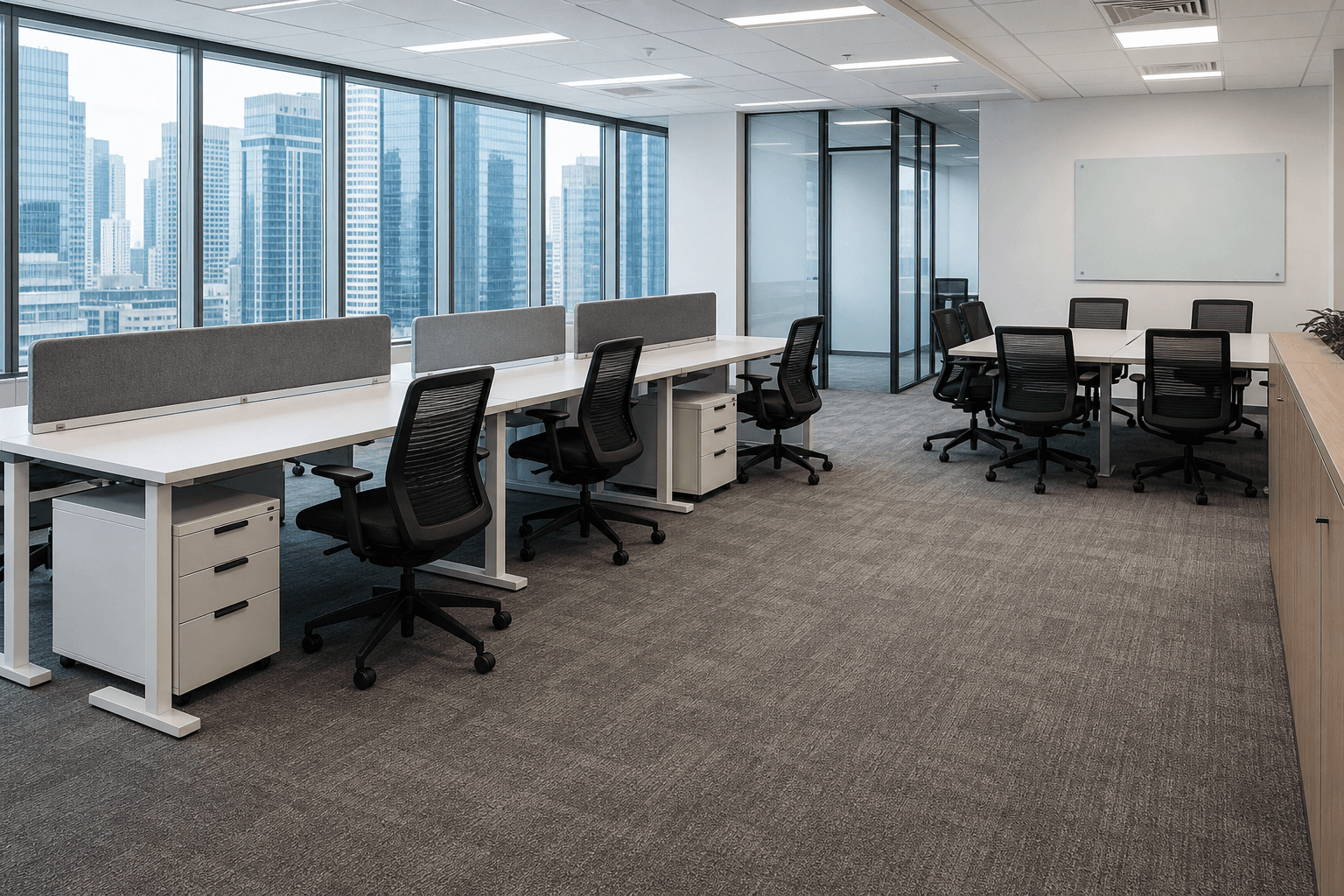 Modern Singapore office workstations with white desks, black ergonomic chairs, and collaborative meeting furniture