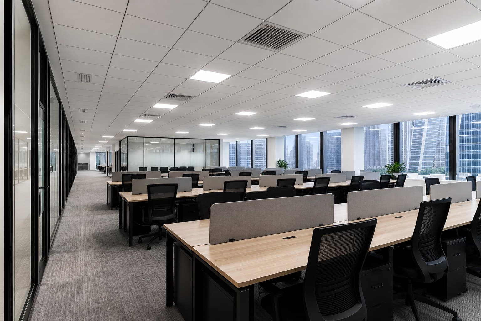 Well-lit Singapore open-plan office with uniform LED lighting and glass meeting rooms