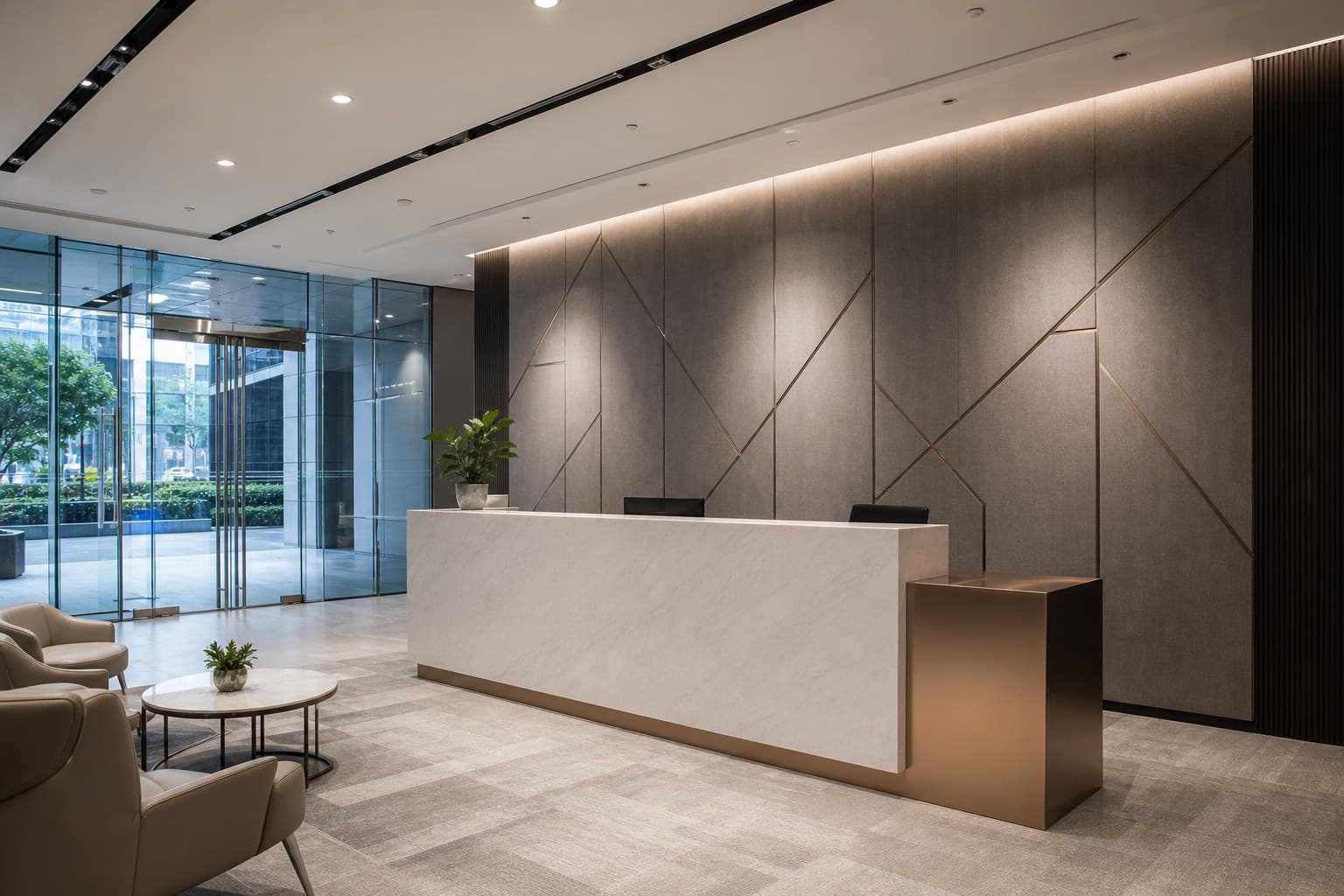 Modern Singapore office reception desk with visitor seating and glass entrance