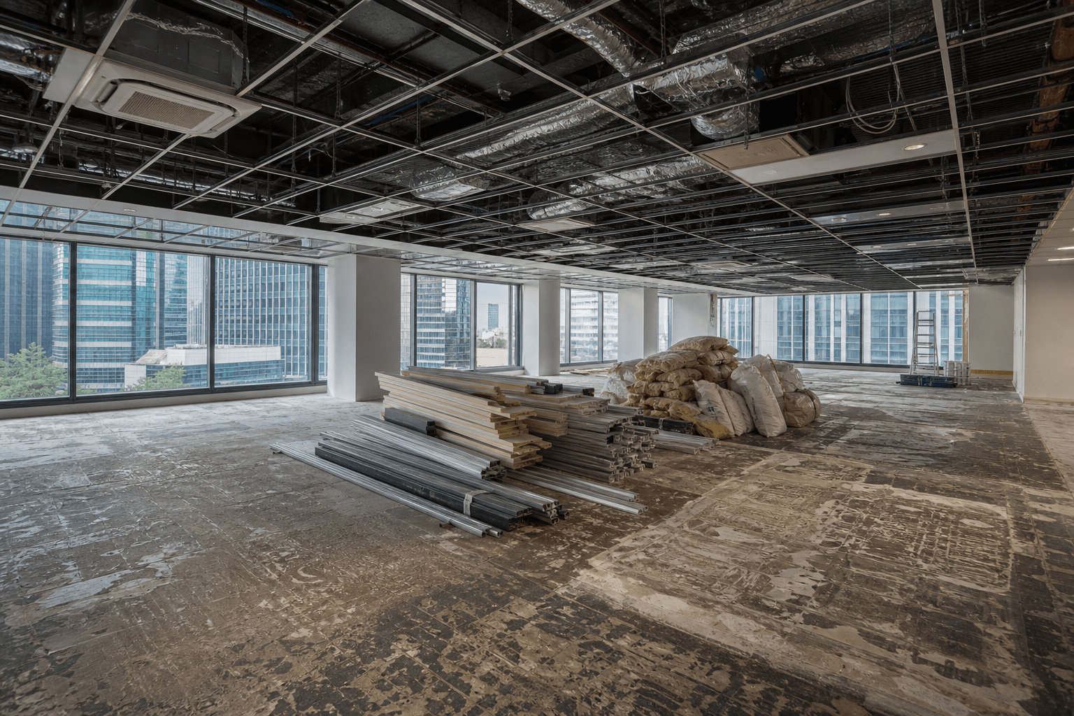 Singapore office reinstatement strip-out with removed partitions and exposed commercial floor