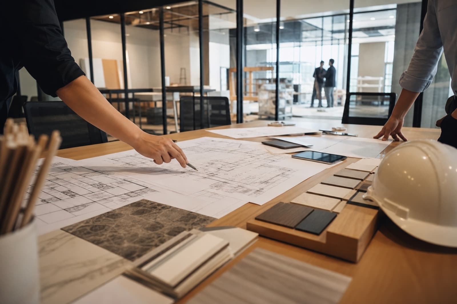 Office renovation contractor planning Singapore fit-out with floor plans and material samples in a glass meeting room