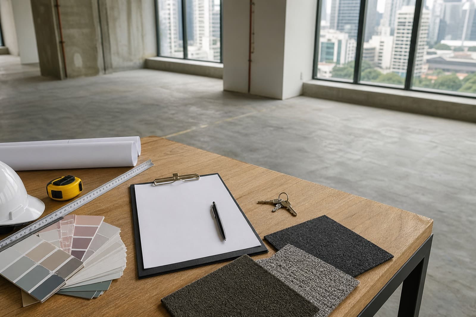 Singapore office renovation site with partitions and services mid-build, highlighting common fit-out planning risks