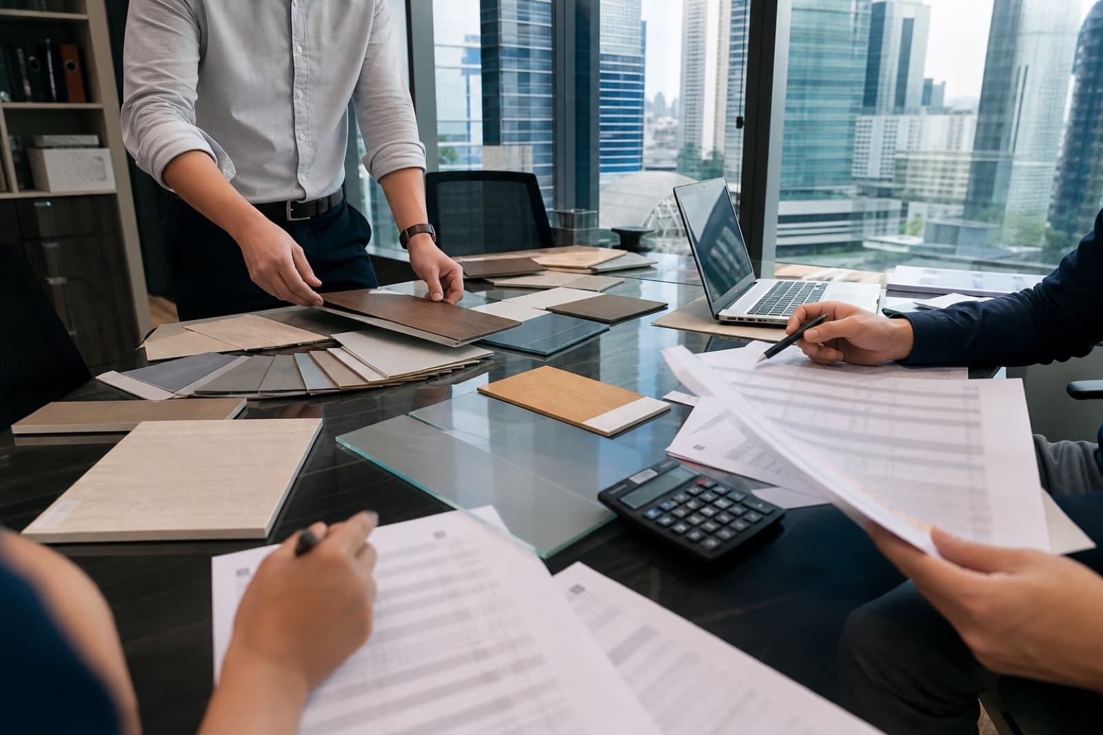 Singapore office renovation quotation meeting with finish samples and cost documents on a conference table