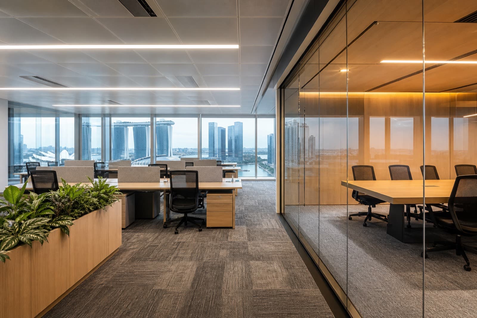 Renovated Singapore CBD office with open-plan workstations, acoustic glass meeting room, and city skyline views
