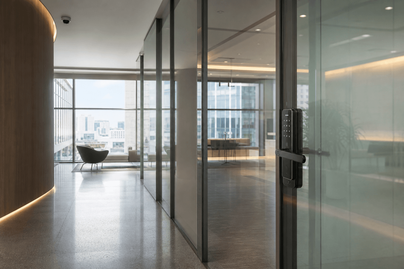 Singapore commercial office entrance with digital door lock on glass door and discreet CCTV camera