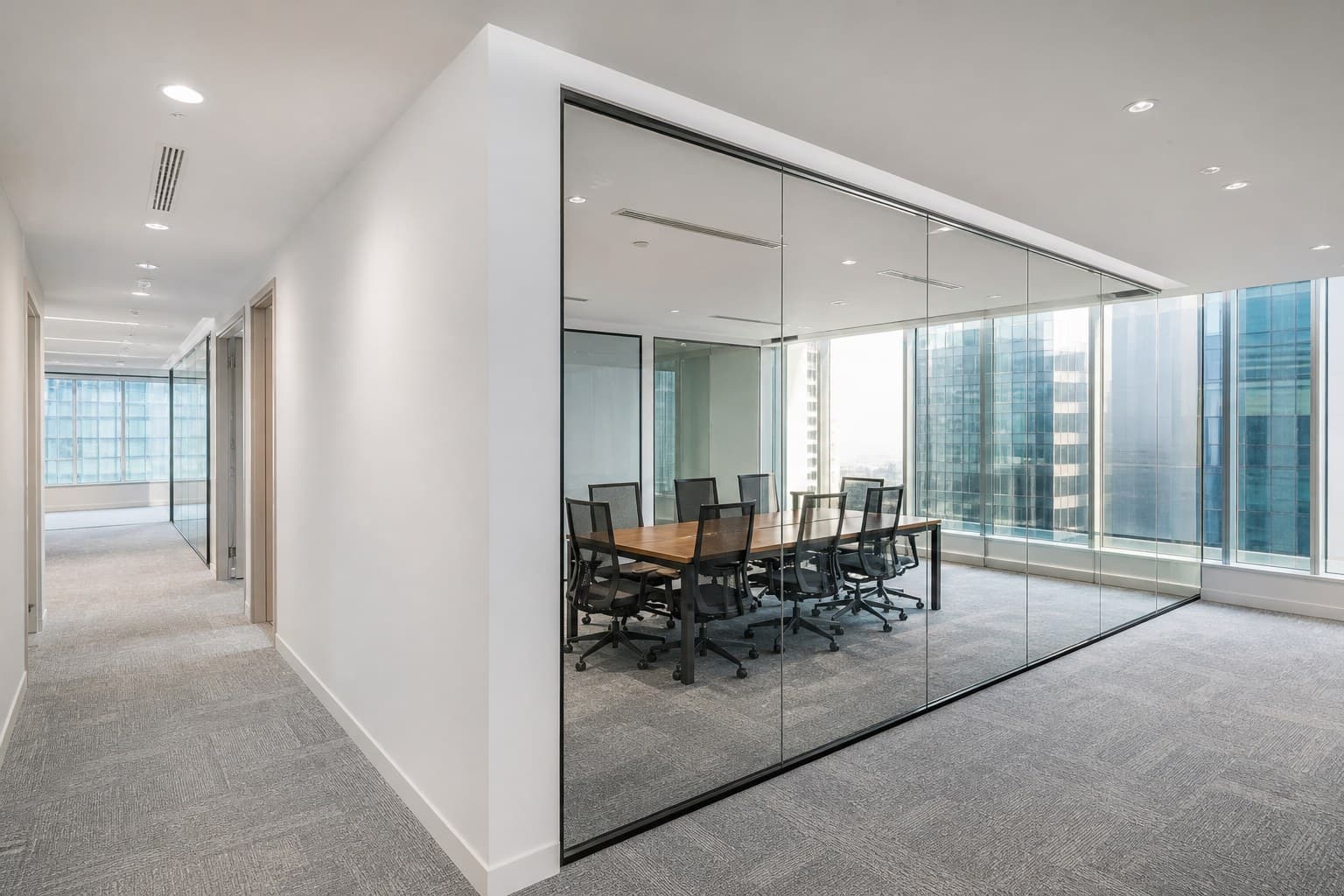 Singapore office with freshly painted white walls, drywall partitions, and glass meeting rooms