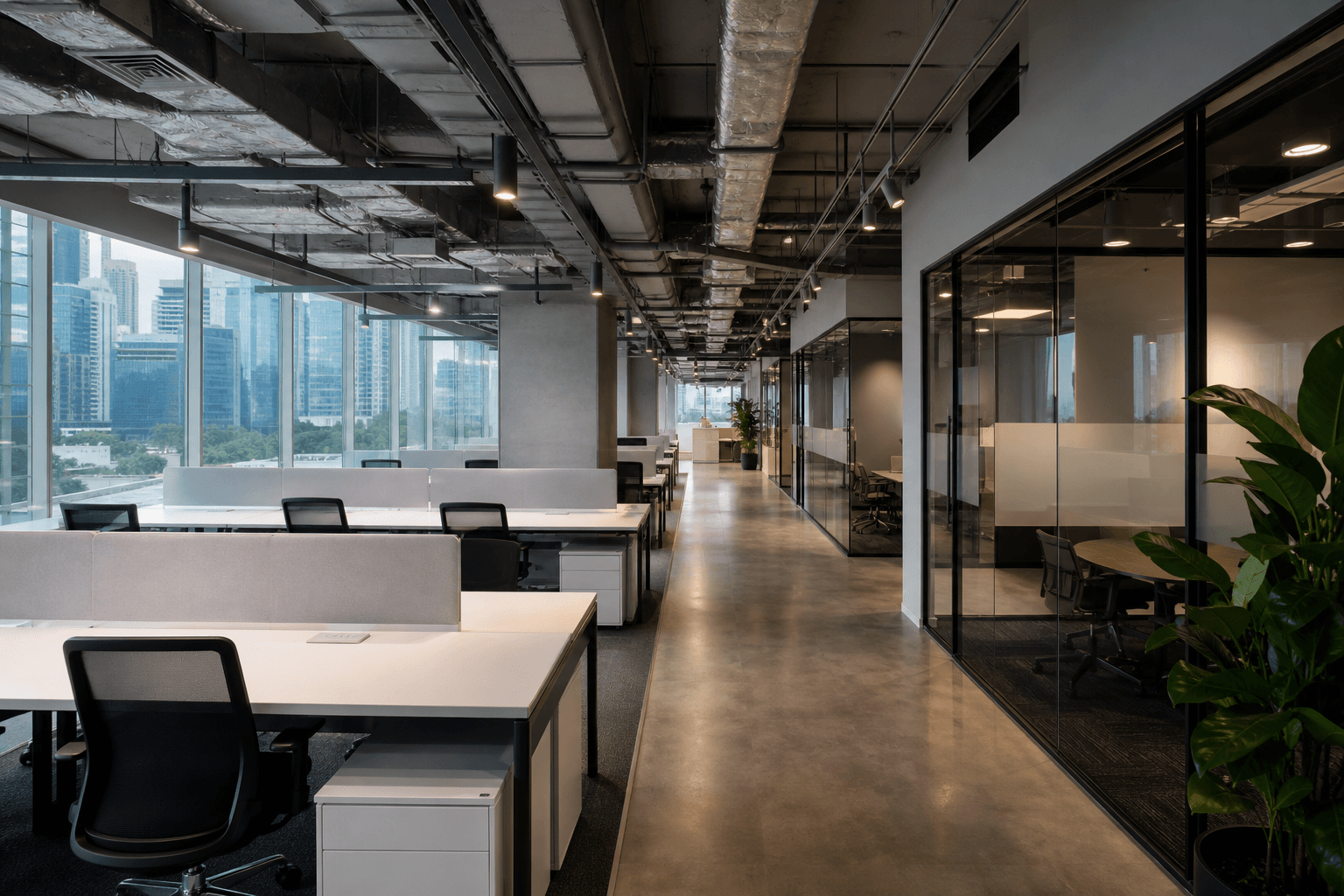 Open-plan Singapore office with workstations, glass meeting rooms, and CBD skyline windows