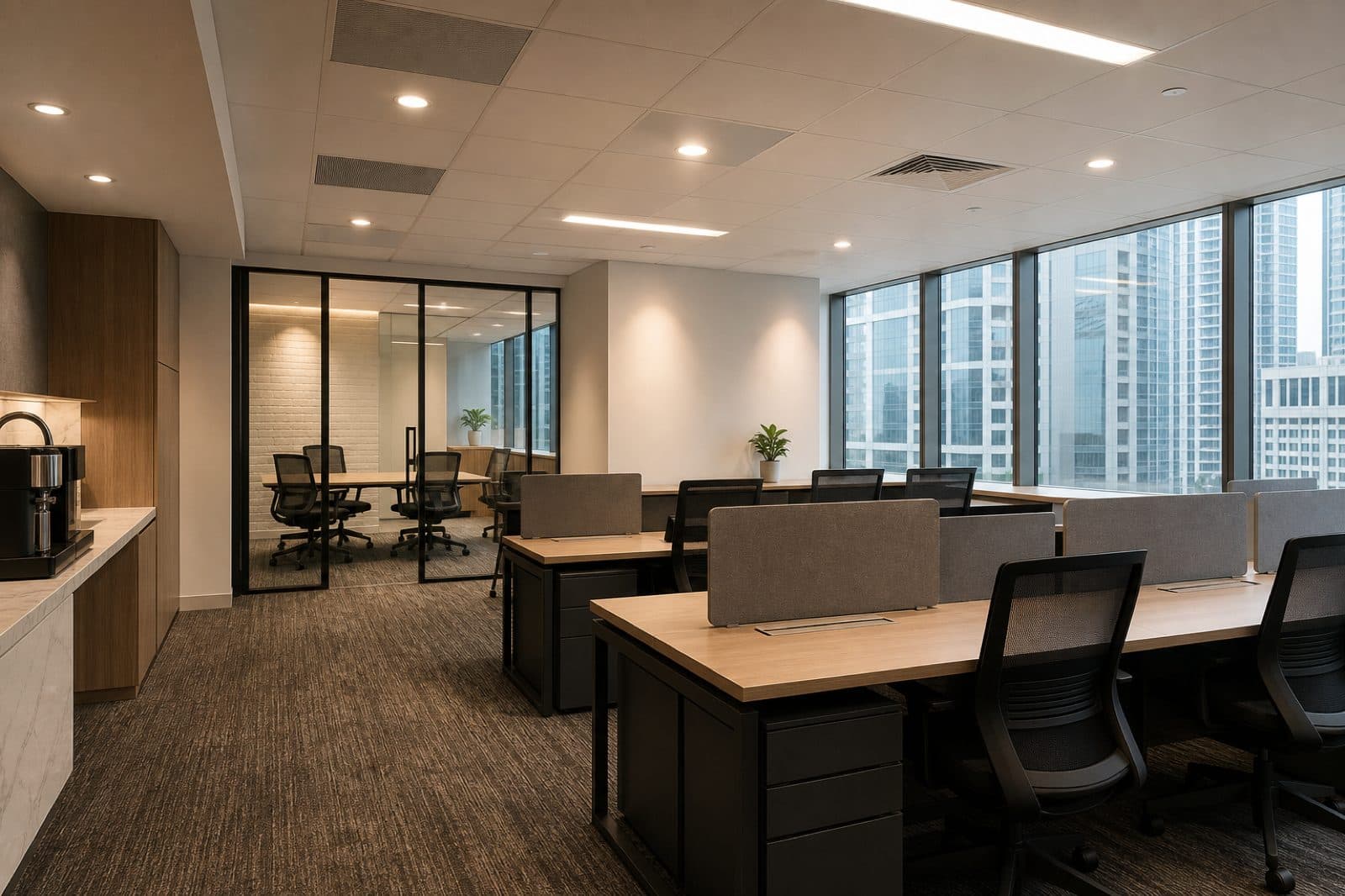 Compact Singapore SME office with workstations, glass meeting room, and city views