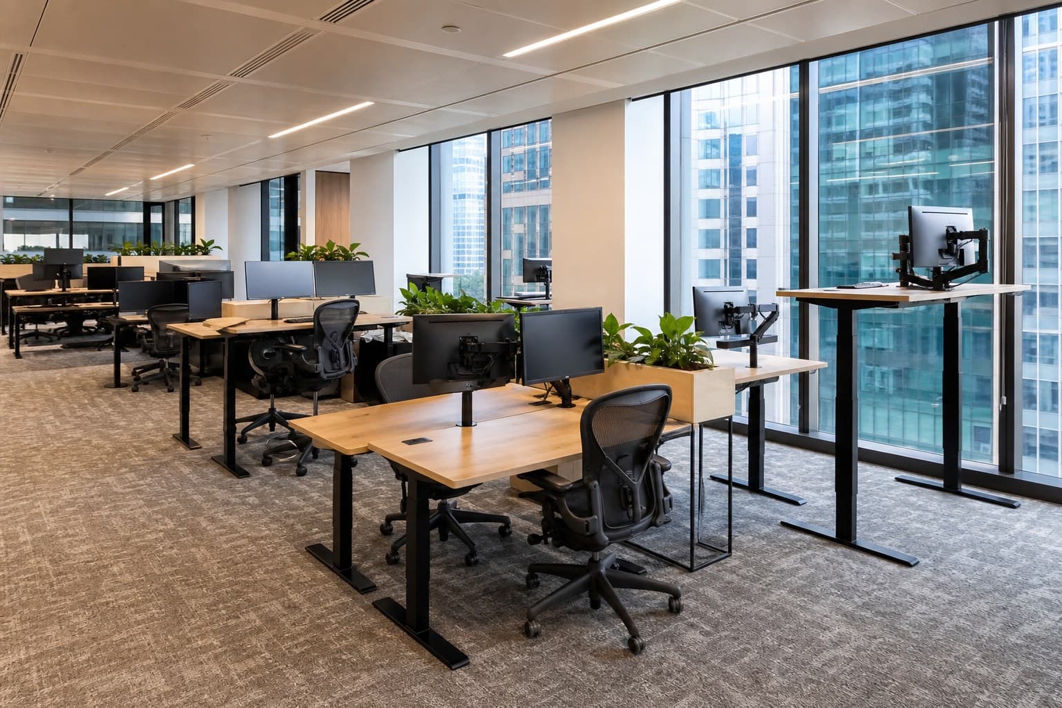 Singapore office with height-adjustable sit-stand desks at mixed heights and ergonomic task chairs