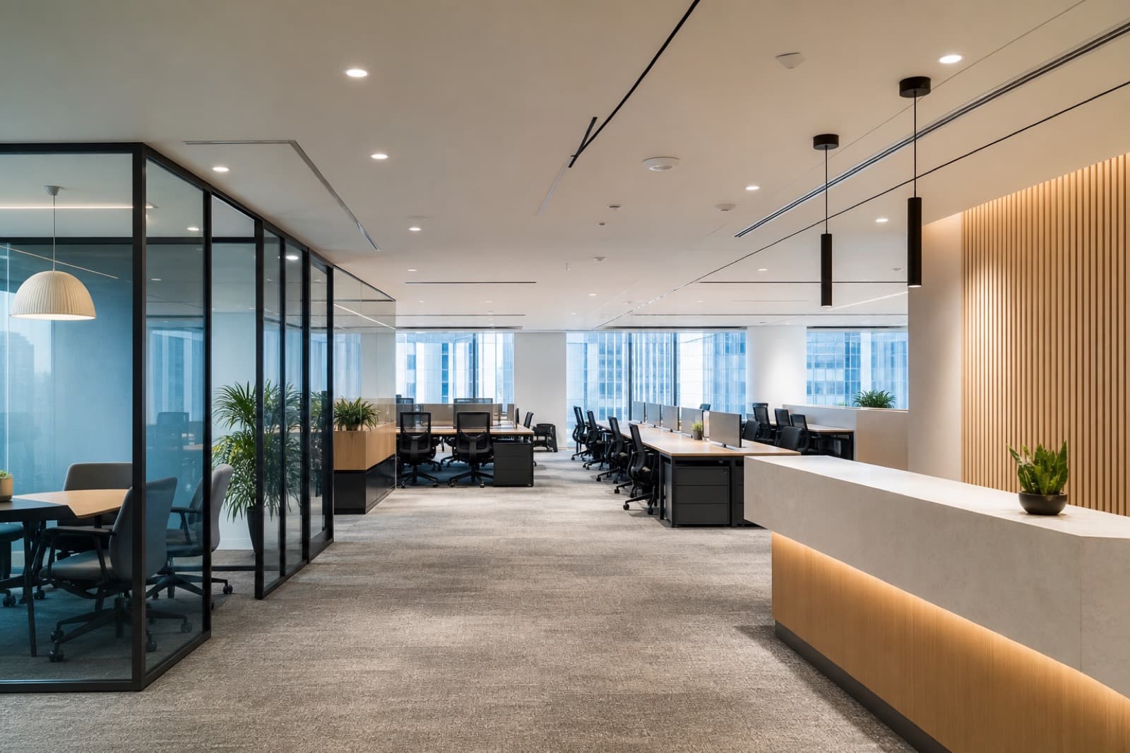 Turnkey renovated Singapore office ready for move-in with workstations, glass meeting rooms, and reception