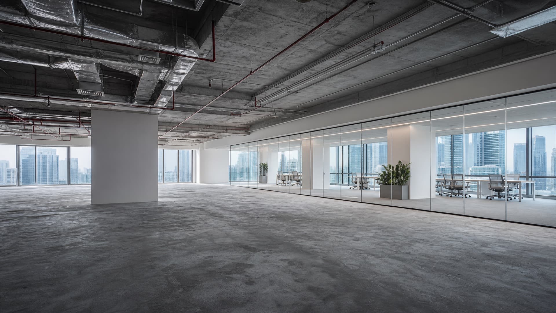 Office renovation Singapore — bare commercial unit transforming into a completed workspace