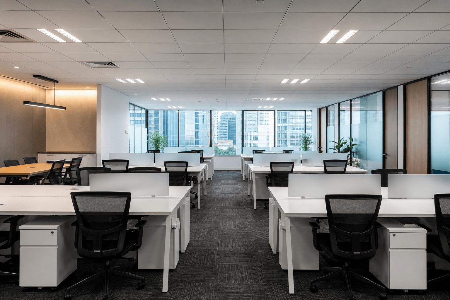 Workstations, chairs, and meeting furniture in place