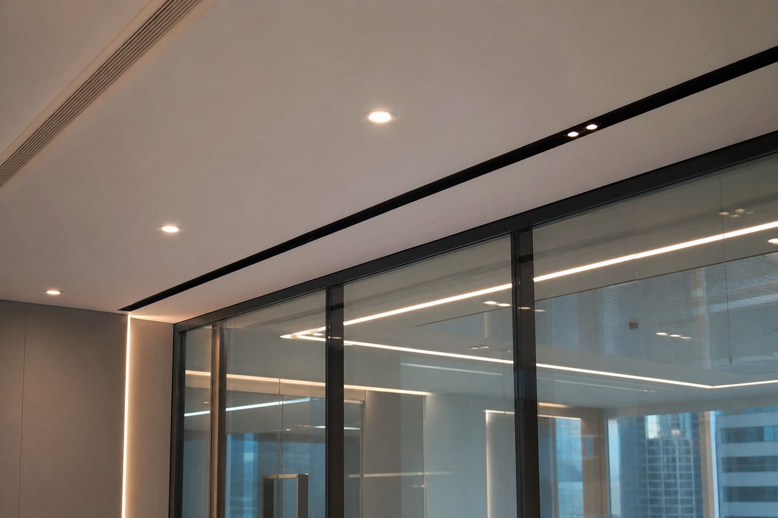 Meeting room ceiling with recessed downlights and linear LED details