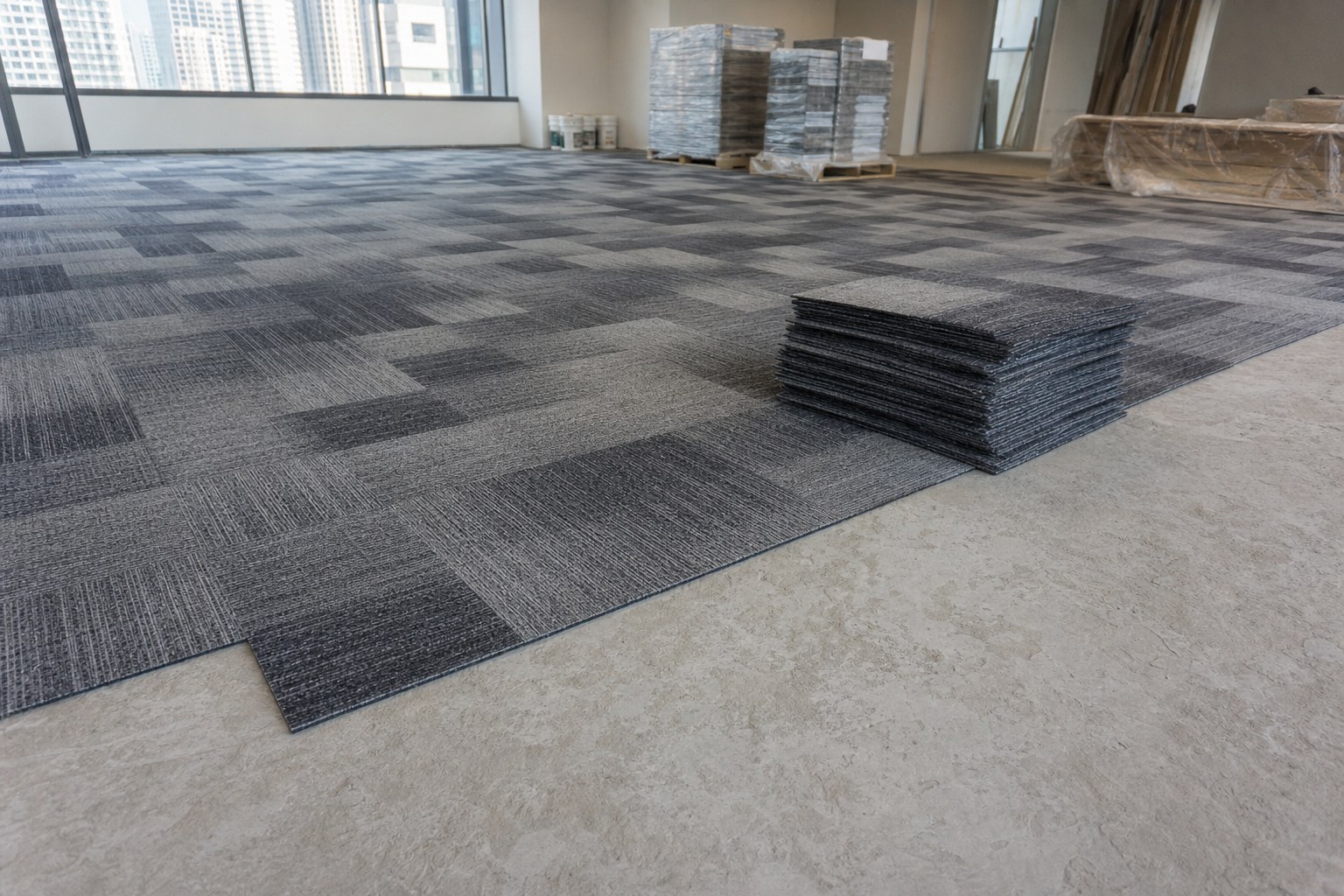 Modular commercial carpet tiles being laid during a Singapore office fit-out