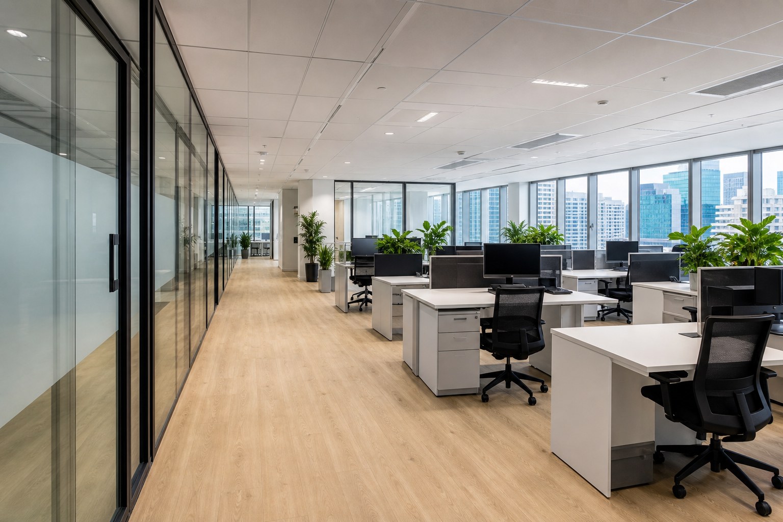 Singapore office with light oak-tone LVT flooring and glass partitions