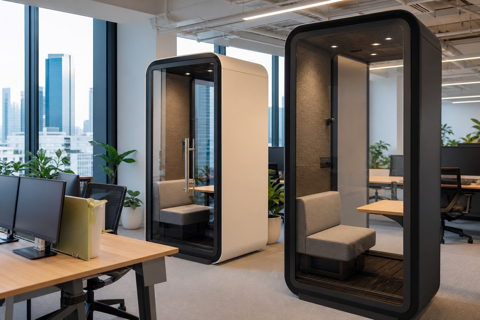 Acoustic focus booths in a Singapore hybrid open-plan office