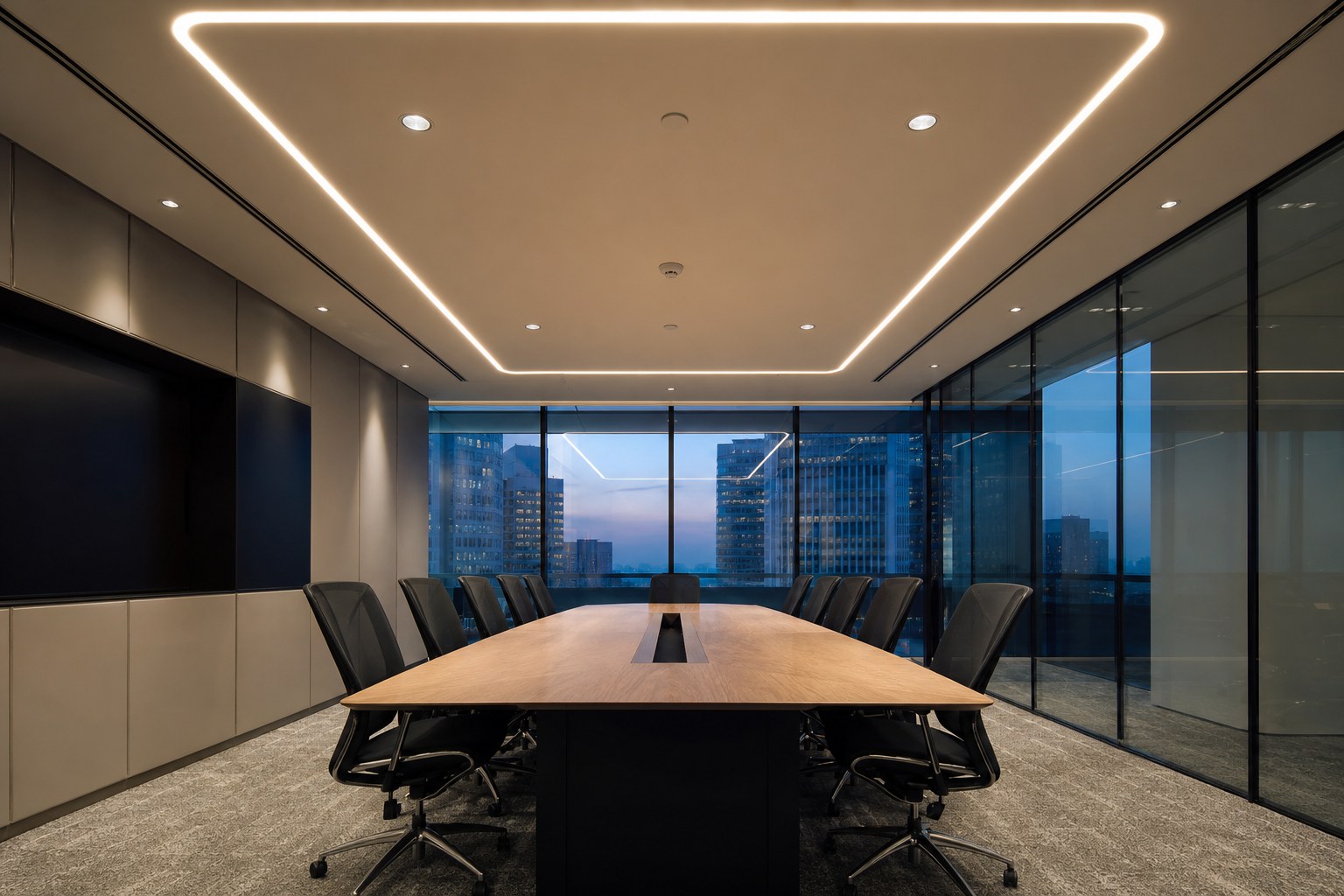 Singapore meeting room with even recessed and linear LED ceiling lighting