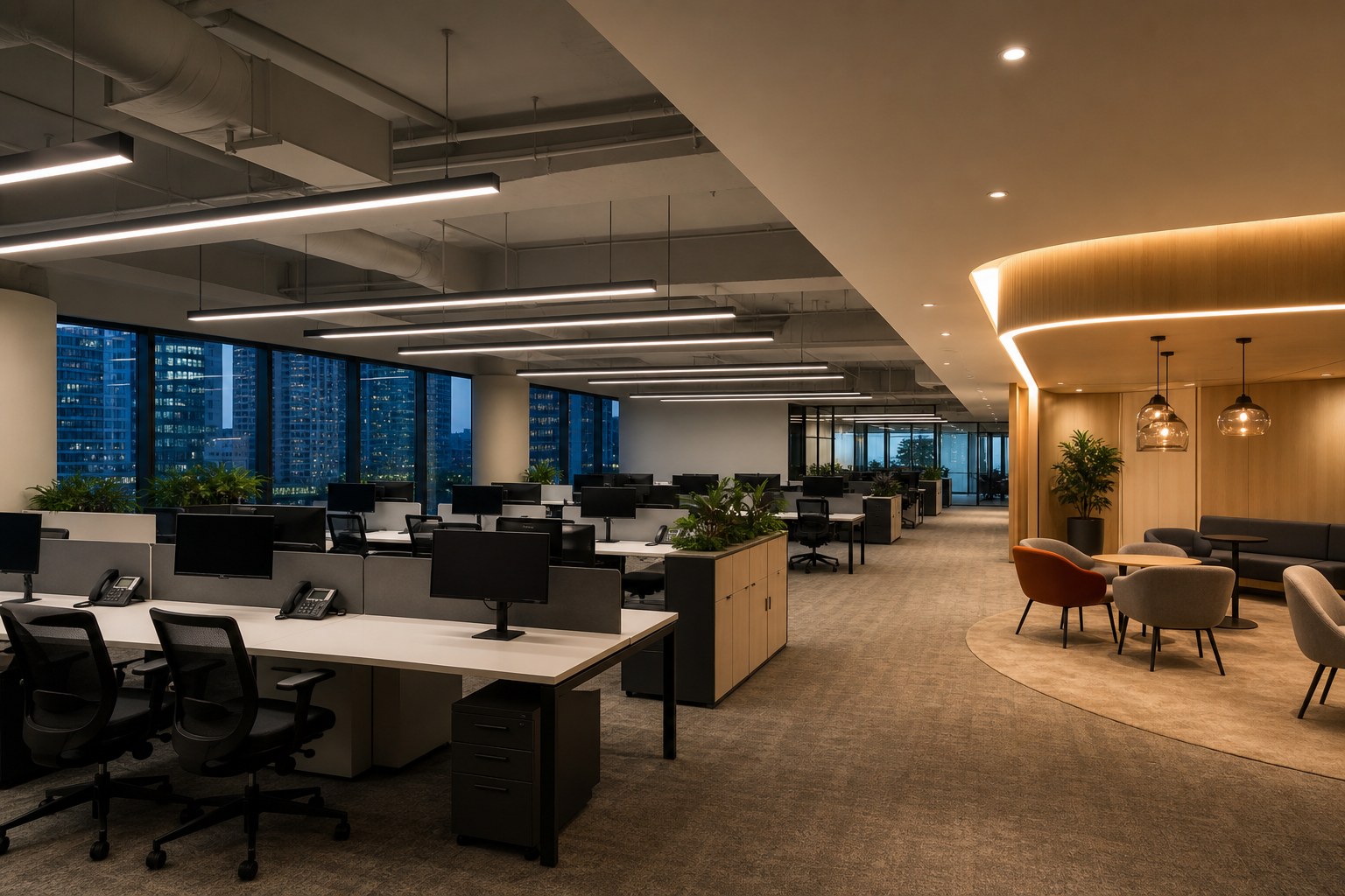 Layered linear LED lighting over desks and warmer light in a collaboration zone