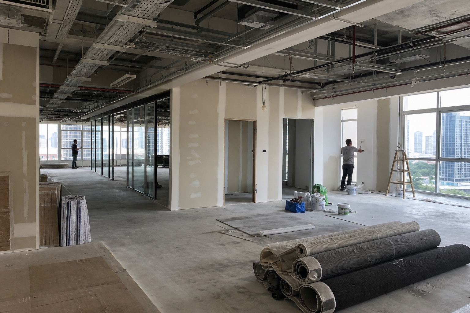 Singapore office under renovation with framed partitions, cable trays, and painters preparing walls