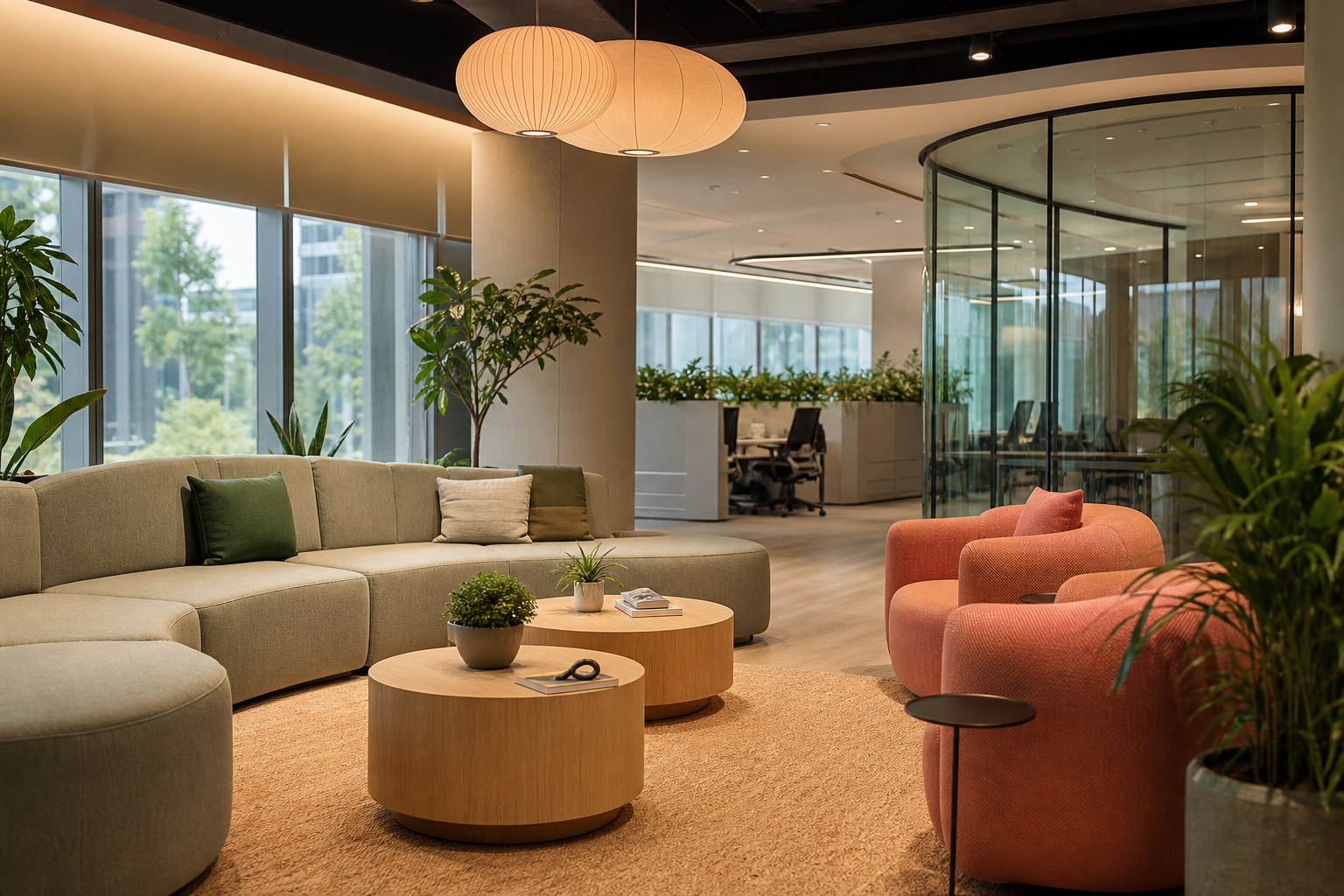 Soft seating breakout area in a Singapore office near workstations