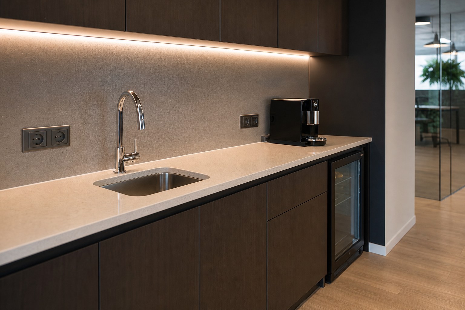 Office pantry counter with sink, under-counter fridge, and power outlets