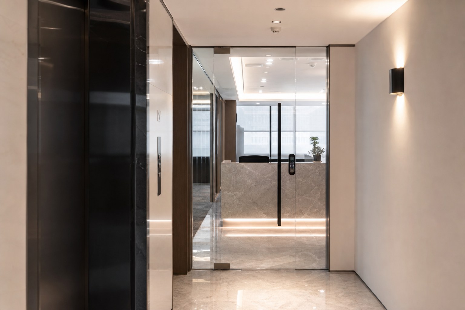 Clean office entrance corridor leading to a glass door with digital lock
