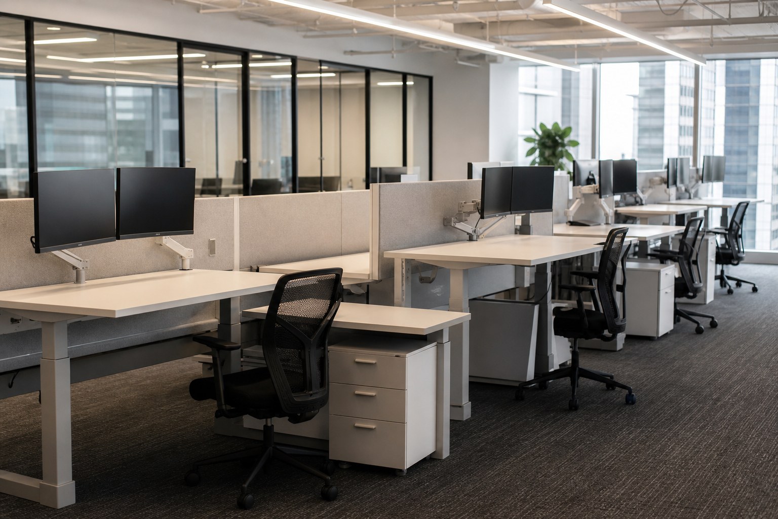 Bank of sit-stand workstations at mixed heights in a Singapore office